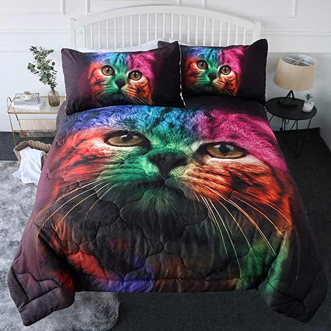 BlessLiving 3 Piece Cat Comforter Set with Pillow Shams Bedding Set with 3D Colorful Animals Printed Designs Reversible Comforter Full/Queen Size Bedding Sets Soft Comfortable Machine Washable