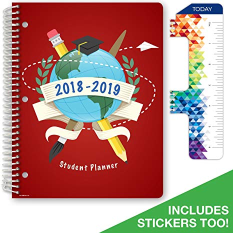 Dated Elementary Student Planner for Academic Year 2018-2019 (Matrix Style - 8.5"x11" - Red Globe Cover) - Bonus Ruler/Bookmark and Planning Stickers