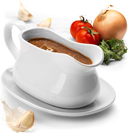 KooK Gravy Boat and Tray, Ceramic Make, 17oz, White