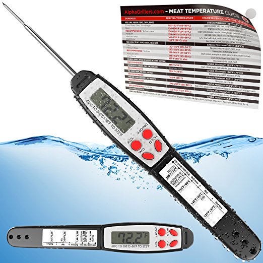 Waterproof Instant Read Kitchen Thermometer For Meat & Cooking. Sold In Elegant Gift Box. Best Ultra Fast Digital BBQ Food Probe. Includes Internal Barbecue Meat Temperature Guide. By Alpha Grillers