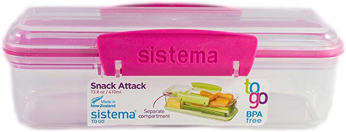 Sistema Snack Attack To Go 410ml / 13.86oz Two compartments Lunch Box Container, Pink, 2-Pack