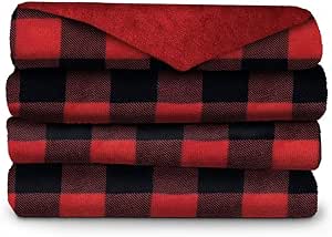 Sunbeam Microplush Foot Pocket Electric Heated Throw Blanket with 3-Heat Setting Control, Red Buffalo Plaid