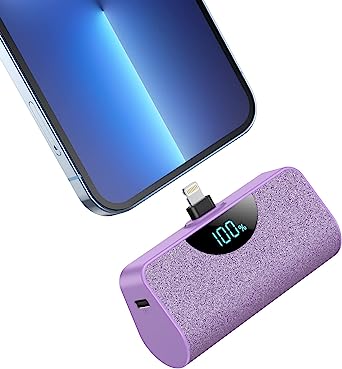 Small Power Bank for iPhone, 5200mAh LCD Display High Speed Charging Portable Charger, Mini Plug-in Battery Pack Compatible with iPhone 14/14 Pro Max/13/13 Pro Max/12/11/XR/XS/8/7/6 Plus,iPad,Purple