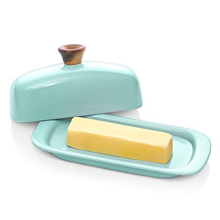 DOWAN Butter Dish with Lid, Porcelain Butter Dish with Handle Cover Design, 8 inches, Turquoise