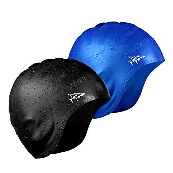 Swim Cap for Long Hair 2 Pack 2019 Thicker Design Solid Silicone Waterproof Swimming Caps for Woman Adults and Men