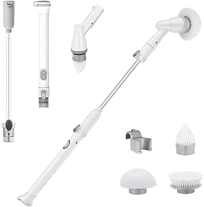 Electric Spin Scrubber, Power Brush Floor Scrubber, Cordless Shower Scrubber, Waterproof, 3 Replaceable Cleaning Brush Heads and Adjustable Extension Handle for Tile, Floor, Bathtub