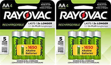 8 Rayovac AA Recharge Rechargeable 1350mAh NiMH Pre-Charged Batteries, (2 x 4 packs)   Holders