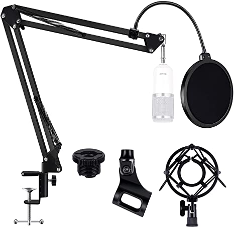 Microphone Boom Arm Stand, BeeFly Adjustable Suspension Boom Scissor Mic Stand with Pop Filter, 3/8" to 5/8"Screw Adapter, Heavy Duty Clamp Shock Mount Windscreen Mic Clip Holder for Microphone