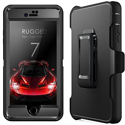 iPhone 7 Case,Defender 4 in 1 Heavy Duty Drop Protection Tough Shockproof Cover with Belt Clip & Screen Protector Rugged Armor Hybrid Hard Shell for iPhone 7 4.7 (Black),Ptuna with Tempered Glass Screen Protector