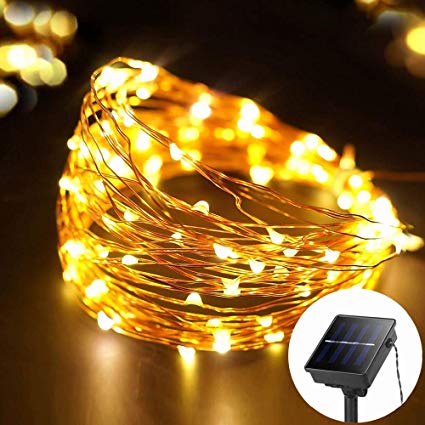 MustWin Outdoor Twinkle Lights Solar Waterproof, 33ft 100LEDs 8 Flashing Modes, Lights Up to 10 Hours, Solar LED Flexible Copper Wire Fairy Lights, Solar Powered String Lights, Safety, Warm White