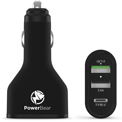 PowerBear 45W Triple Port USB Car Charger with USB Type-C Port and Quick Charge 3.0 Technology | Ultra Fast Car Charger USB - Black [24 Month Warranty]