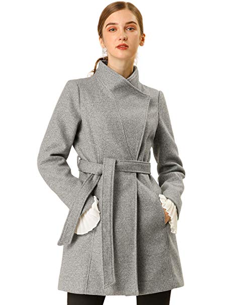 Allegra K Women's Classic Stand Collar Long Sleeve Winter Belted Long Coat