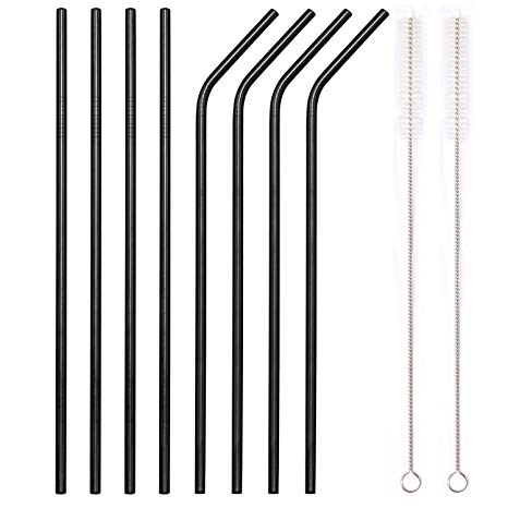 YIHONG Set of 8 Stainless Steel Metal Straws Ultra Long 10.5 Inch Reusable Straws For Tumblers Rumblers Cold Beverage Black (4 Straight|4 Bent|2 Brushes)