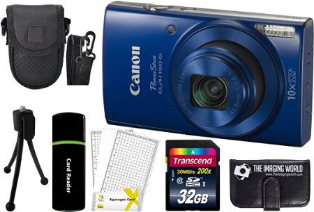 Canon PowerShot ELPH 190 IS 20.2MP 10x Zoom Wi-Fi Digital Camera (Blue)   32GB Card   Reader   Case   Accessory Bundle