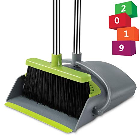 Been5le Extendable Broom and Dustpan Set, Self-Cleaning with Dust Pan Teeth, Long Handle Broom and Dustpan Combo, Upright Broom Set for Home Kitchen Room Office Lobby Floor Use (Gray &Green)
