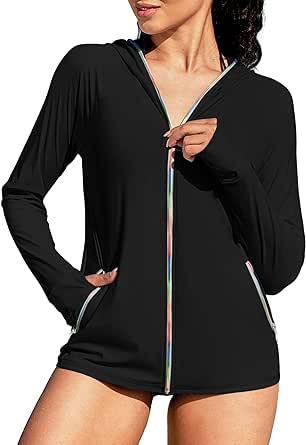 ATTRACO Rash Guard for Women Long Sleeve Swim Shirts Zip Up Hoodie with Thumb Hole & Side Pockets