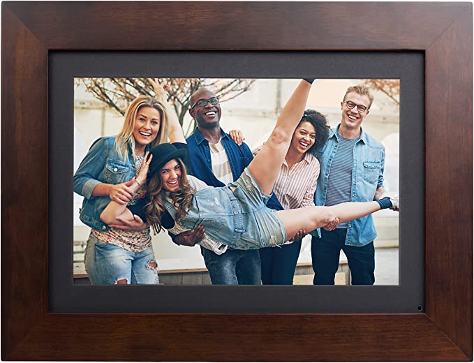 Brookstone PhotoShare 10” Smart Digital Picture Frame, Send Pics from Phone to Frames, WiFi, 8 GB, Holds 5,000  Pics, HD Touchscreen, Premium Espresso Wood, Easy Setup, No Fees