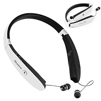 Bluetooth Headset Wireless Stereo Headphones with Foldable Neckband Retractable Earbuds Earphones (White)