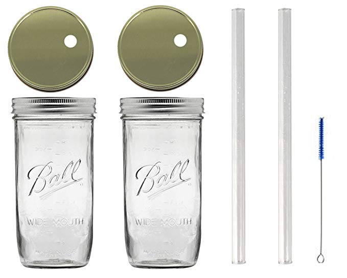 Glass Mason Drinking Jars with 2 Gold Lids, 2 Glass Straws (10"x 9.5mm) and 1 Straw Cleaner (24oz wide mouth, gold) (2)