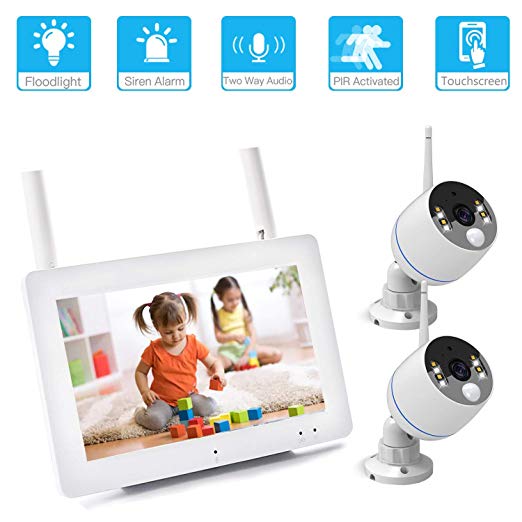 Wireless Security Camera System Outdoor with 7” Monitor Touchscreen and 2 Floodlight Camera 1080P Two-Way Audio PIR Motion, YESKAMO Home Video Surveillance System