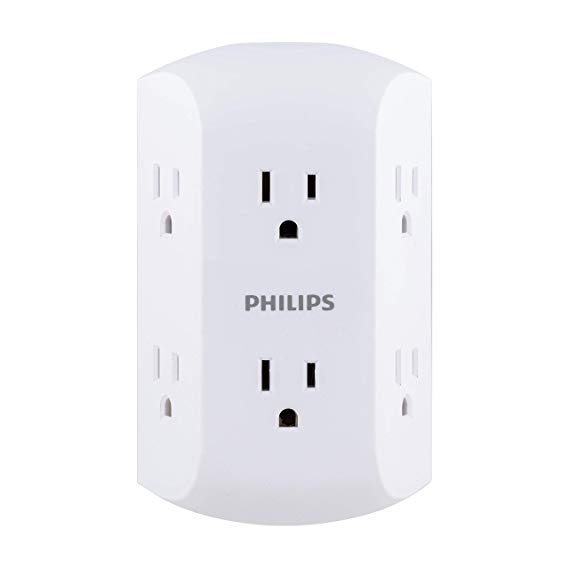 PHILIPS 6 Outlet Wall Plug Adapter Power Strip, Extra Wide Spaced Outlets for Cell Phone Charger, Power Adapter, 3 Prong, Multi Outlet Wall Charger, White, SPS1740WA/37