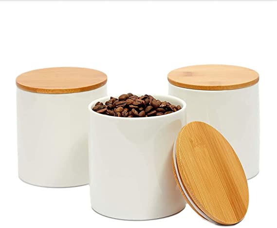 White Ceramic Kitchen Canister Set with Bamboo Lids (3.9 x 3.7 In, 3 Pack)