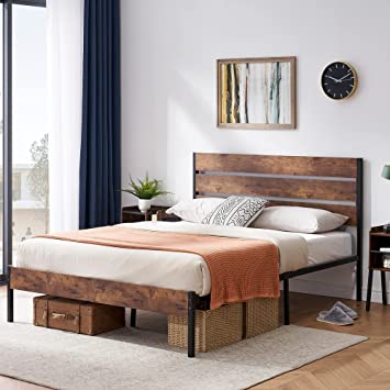 VECELO Platform Queen Bed Frame with Rustic Vintage Wood Headboard and Footboard, Mattress Foundation, Strong Metal Slats Support, No Box Spring Needed