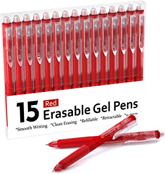 Erasable Gel Pens, Lineon 15 Pack Red Retractable Erasable Pens Clicker, Fine Point, Make Mistakes Disappear, Red Ink for Writing Planner and Crossword Puzzles