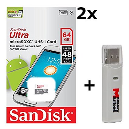 128GB - 2x SanDisk Ultra 64GB UHS-I Class 10 MicroSDXC Memory Card Up to 48mb/s SDSQUNB-064G with USB 2.0 MemoryMarket dual slot MicroSD & SD Memory Card Reader