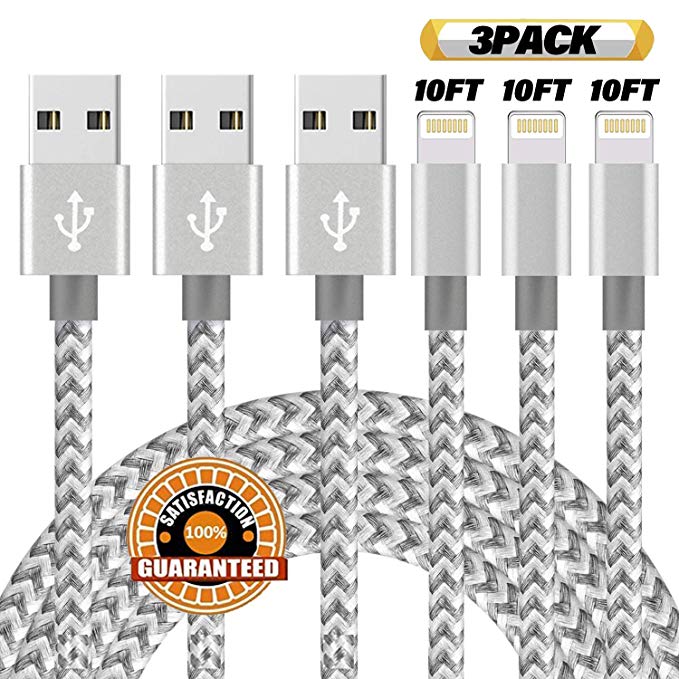 iPhone Charger,Dabenie MFi Certified Lightning Cable 3 Pack 10FT Extra Long Nylon Braided USB Charging & Syncing Cord Compatible iPhone Xs/Max/XR/X/8/8Plus/7/7Plus/6S/6S Plus/SE/iPad/Nan - Grey White