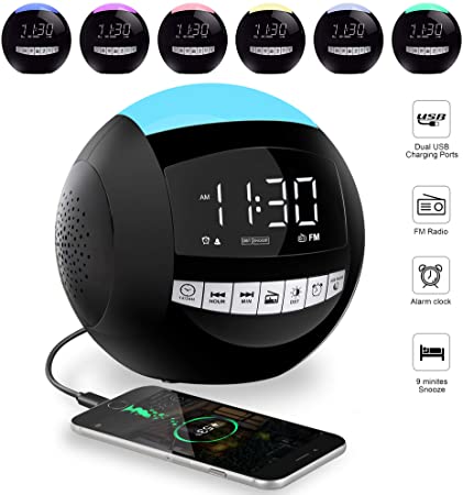 Home Digital FM Alarm Clock Radio,7 Colors Night Light,LED Display,2 USB Phone Chargers,12/24H,DST,5 Range Dimmer,Big Snooze,Plug in Battery Backup Powered for Kids Heavy Sleeper Elderly Bedroom