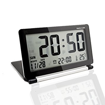 KLAREN Multifunction Silent LCD Digital Large Screen Travel Desk Electronic Alarm Clock, Date/Time/Calendar/Temperature Display, Snooze, Folding Black & Silver