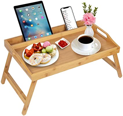 Artmeer Bed Tray Table with Handles Folding Legs Bamboo Breakfast Tray with Phone Tablet Holder,Foldable Breakfast Table, Laptop Desk,Kitchen Serving Bed Table Tray