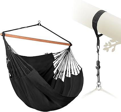 LA SIESTA® - XL King Habana Cotton Hammock Chair & TreeMount - Hanging Hammock Chair w/Suspension Kit for Trees Beams & Posts - Indoor Outdoor Swing Hanging Chair for Bedroom Patio Balcony - Onyx