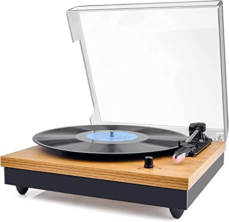 Record Player, VIFLYKOO Bluetooth Portable Vinyl Turntable, Belt Drive 3 Speed 33/45/78 RPM Vinyl LP Player, with 2 Built-in Stereo Loudspeakers, Supports RCA, Bluetooth Vintage Phonograph -Wood Color