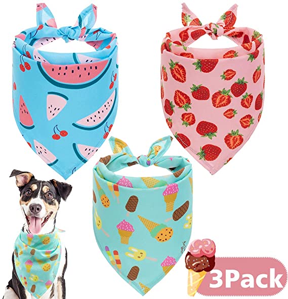 SCIROKKO Hawaii Dog Bandanas 3 Pack - Cute Fruit Print Dog Summer Soft Triangle Scarf Bibs, Durable Pet Kerchiefs Accessories for Dogs Cats, Ice Cream Strawberry Watermelon