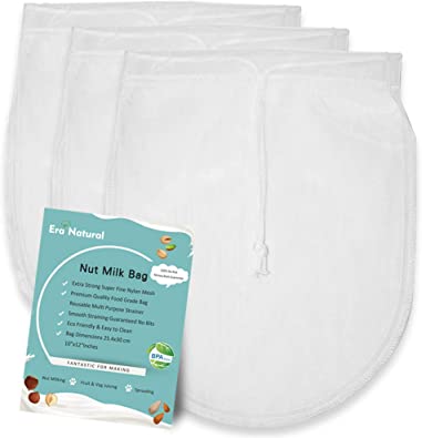 Era Natural Nut Milk Bag Reusable 3 Pack 12' x 10' Cheesecloth Bags for Straining Almond/Soy Milk Greek Yogurt Strainer Milk Nut Bag for Cold Brew Coffee Tea Beer Juice Fine Nylon Mesh Cheese Cloth