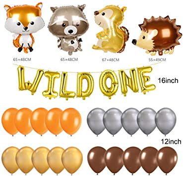 Wild One Balloons, Woodland Fox Jungle Forest Party Decorations, Raccoon Hedgehog and Squirrel Animals Balloons, Feather Arrow Teepee Boho Tribal Party Banner, Wild One Baby Shower 1st Birthday Party Supplies Decorations