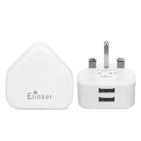 USB Charger Elinker® 2 Ports Power Adapter 3 Pin UK Plug Main Wall Charger for Apple iPhone7 7 Plus 6S 6 6 Plus 5S 5 5S ,iPad Air iPod Samsung Galaxy HTC M9, Motorola, LG and More (CE certificated)