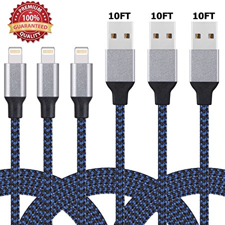 iPhone Charger, Lightning Cable Sundix 3Pack 10ft Nylon Braided Extra Long Charger Cable Compatible with iPhone X 8 8Plus 7 7 Plus 6 6s 6 plus 6s plus 5 5s 6c iPad iPod