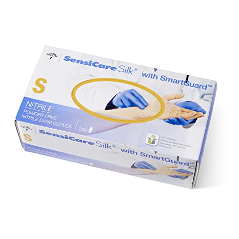 Medline MDS2584H SensiCare Silk Nitrile Exam Gloves with Smartguard Film, Small, Blue (Pack of 250)