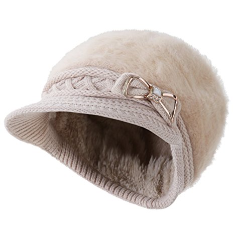 Surblue Lady Crystal Bow Warm Cabled Angora Knit Winter Beanie Crochet Beret Hats Newsboy Caps
