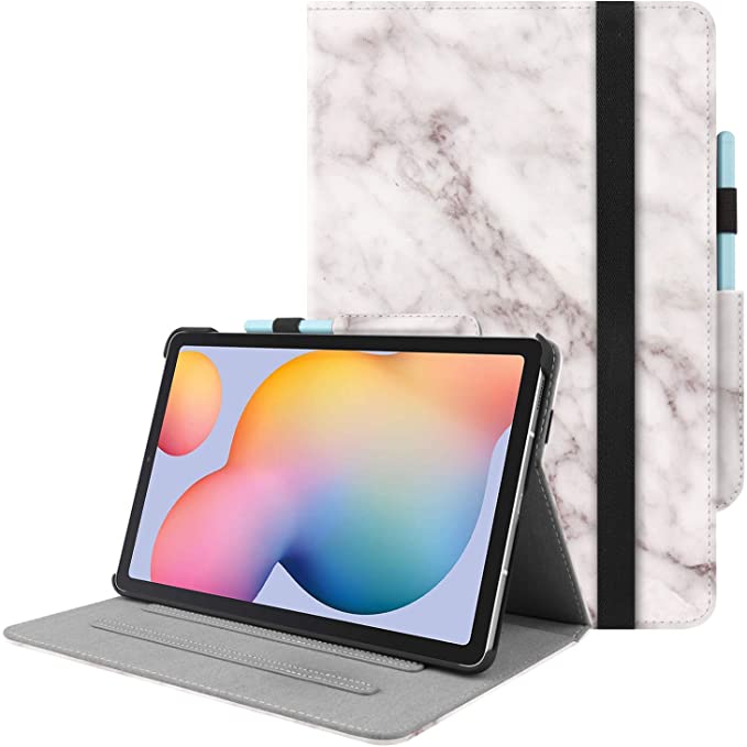 KuRoKo Galaxy Tab S6 lite 10.4 Book Folio Case with Pen Holder- Multi-Viewing Angles Stand Cover with Handstrap for Galaxy Tab S6 lite 10.4 SM-P610/P615 (Marble)