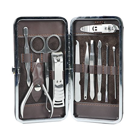 Queentools Stainless Steel New Grooming Set Kit, 11pcs Precise Ergonomic Different Tools, Nails Clippers, Tweezer, Blackhead & Blemish Remover, with a Brown PU Leather Case for the Tools