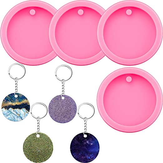 4 Pieces Round Silicone Keychain Mold Resin Silicone Circle Keychain Pendant Clay Mold with 4 Pieces Key Rings for DIY Keychain Decoration or Homemade Chocolate Dessert (5 cm Diameter)