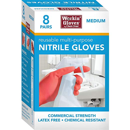 Clean Ones 8-PAIRS Workin' Gloves 12" Reusuable Multi-Purpose Nitrile Gloves, 15 Mil Thick Commercial Strength, Latex Free, Chemical Resistant, Non-Slip Grip