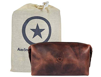 Leather Toiletry Bag for Men | Grooming Travel Kit | With Waterproof Lining | By Aaron Leather Goods (Walnut)