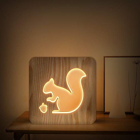 FULLOSUN 3D Shadow Wooden Night Lamp Bedside Baby Breastfeeding Squirrel Light for Relaxing Atmosphere