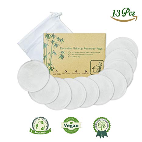 Reusable Cotton Pads Face | Pack 13 include 12 pcs Washable Makeup Remover & Laundry Bag | Organic Skincare Cleaning Bamboo Cloth Rounds Facial Wipes Eye Lip (13 pcs)
