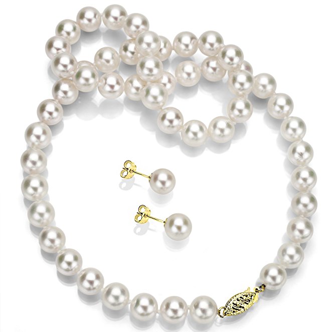 Japanese Akoya Cultured Pearl Necklace and Earrings Set, White Gold or Yellow Gold – AAA  Quality